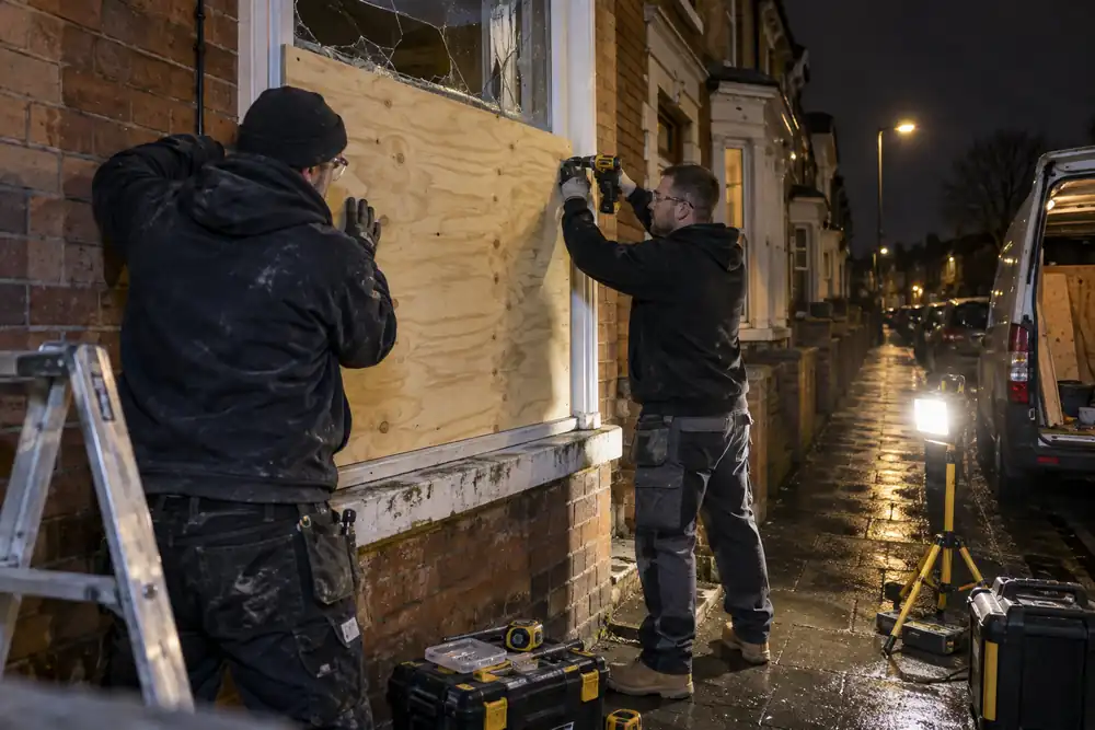 Night-time close street view: two tradespeople securing a precut plywood panel over a damaged terraced-house ground-floor window, portable work lamp, damp pavement.
