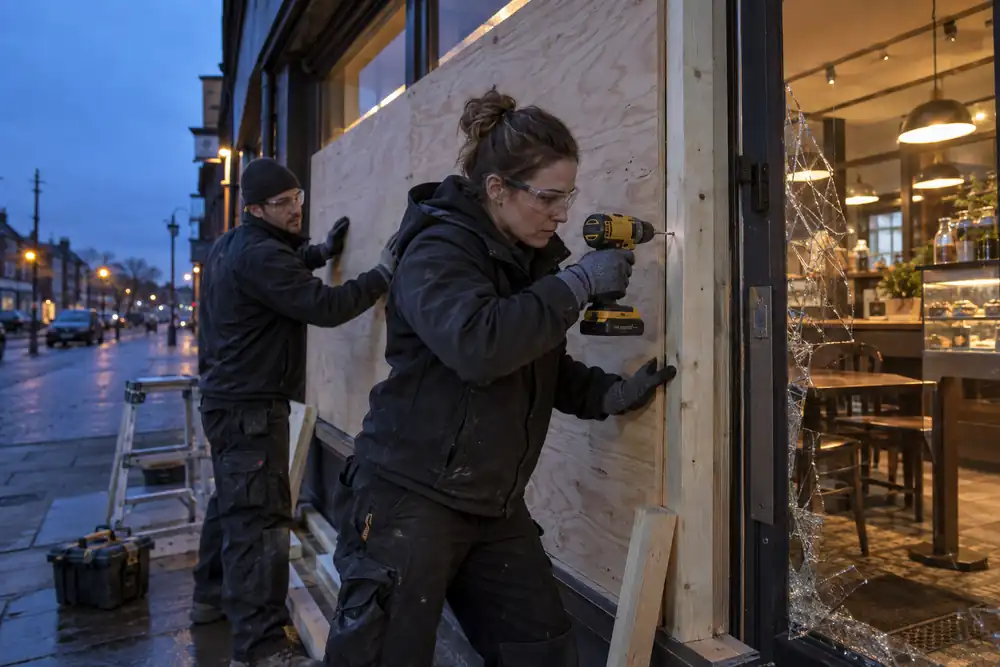 Blue-hour wide angle: a female tradesperson and assistant boarding a broken cafe entrance with timber battens and plywood, warm interior light, no signage.