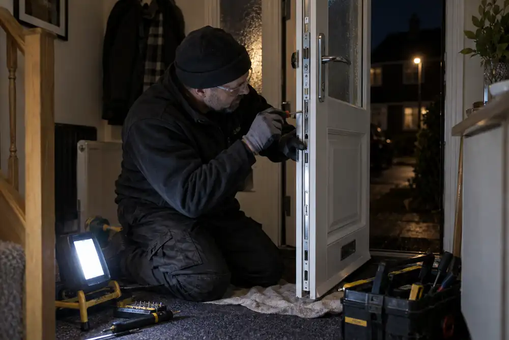 After-dark interior view of a locksmith kneeling beside a white uPVC entrance door repairing its multipoint locking strip, residential hallway, portable lamp.