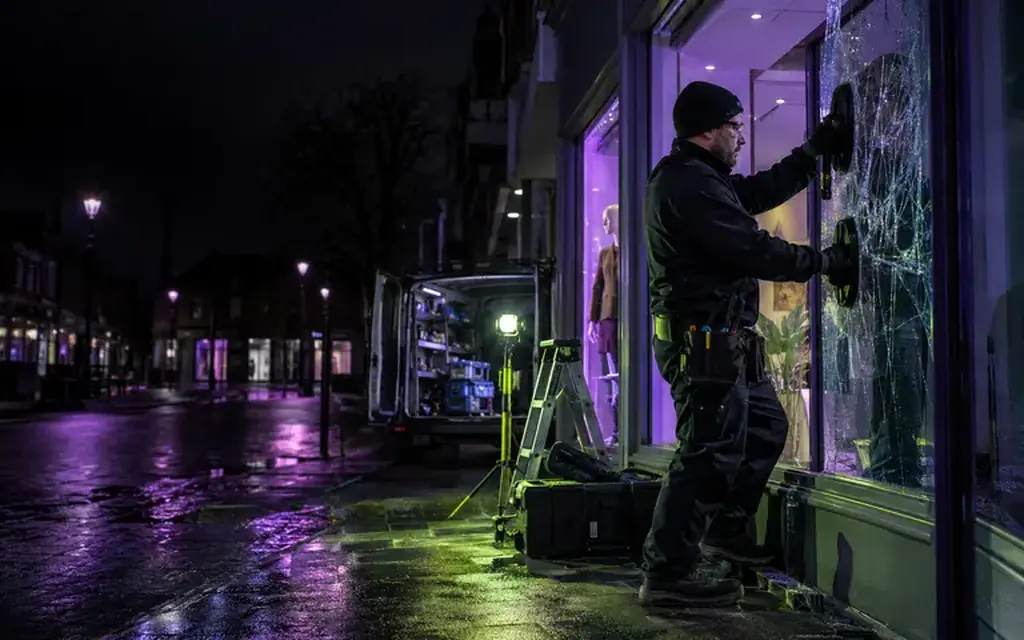 Glazier attending a broken glazed opening at night