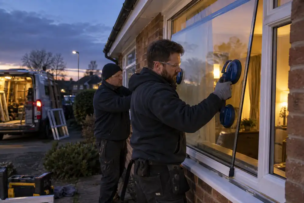 Dusk service visit: a glazier with suction lifters fitting a replacement sealed glass unit into a brick bungalow front window, colleague supporting the panel.