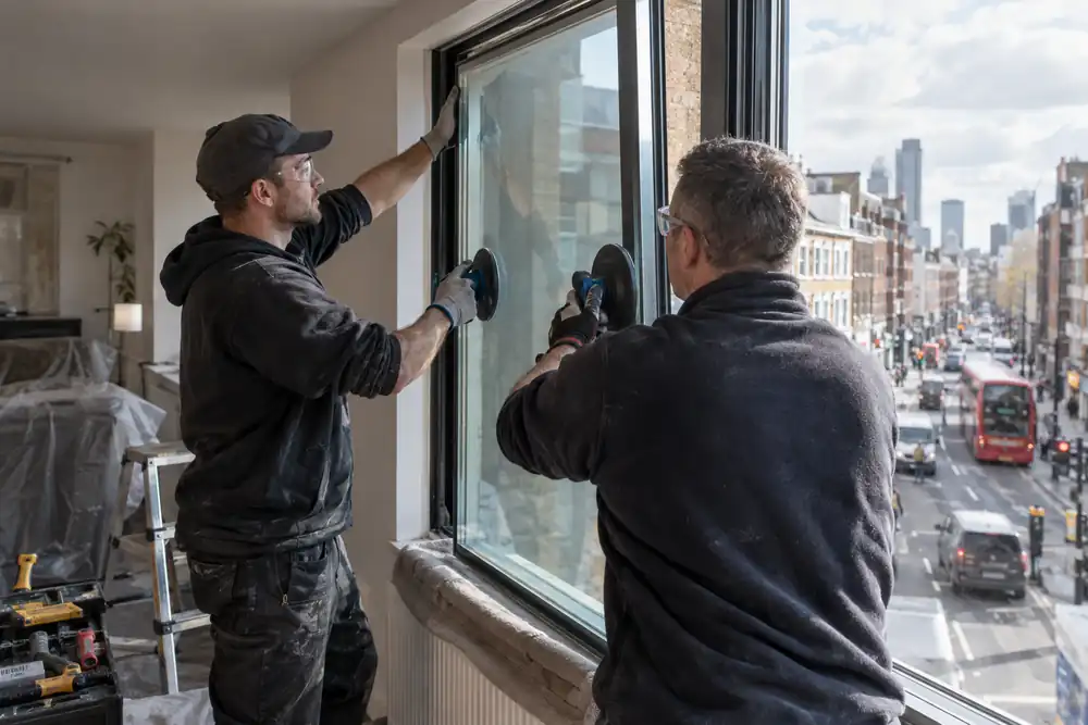 Side-lit urban flat interior: two fitters installing a thick acoustic laminated sealed unit in a robust window frame overlooking a busy street.