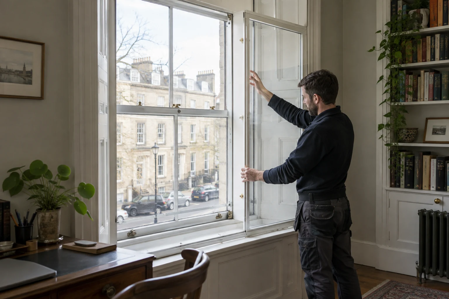 Installer checking secondary glazing in a period study