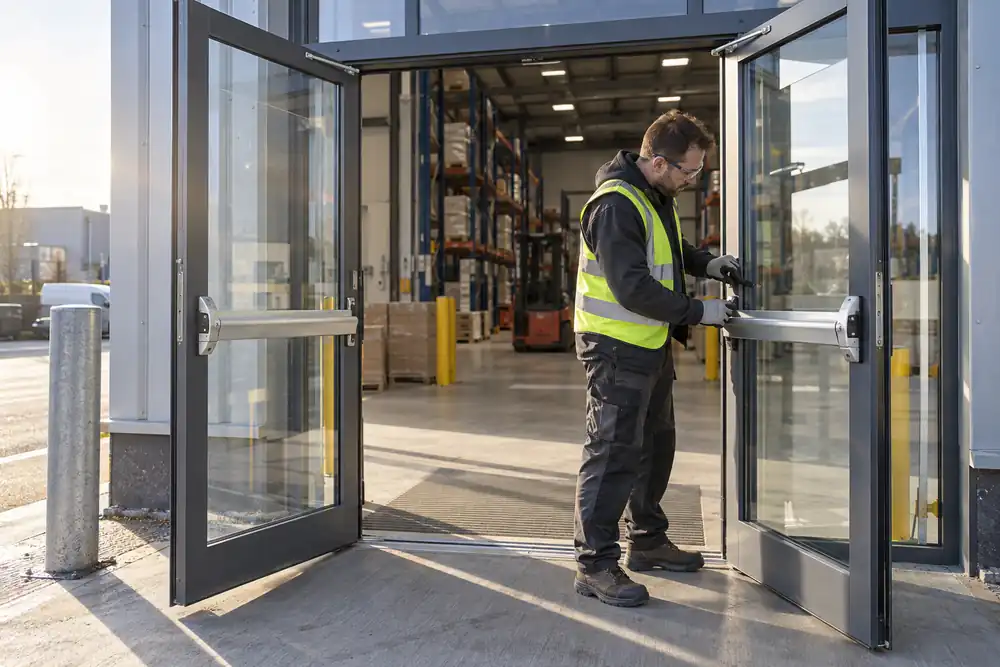 Warehouse entrance in morning sun: fitter checking panic-bar hardware on glazed aluminium double exit doors, sturdy metal frames, both leaves open.