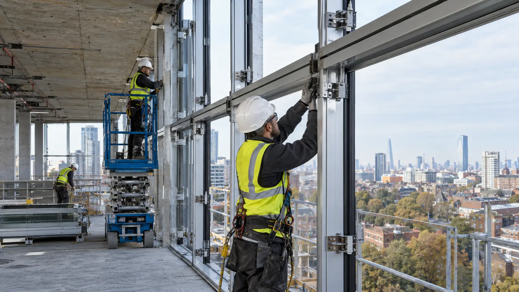 Aluminium curtain wall mullions and transoms being assembled