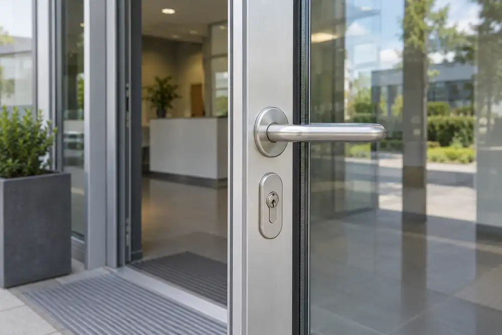 Aluminium commercial entrance with a narrow-profile lock and lever handle.