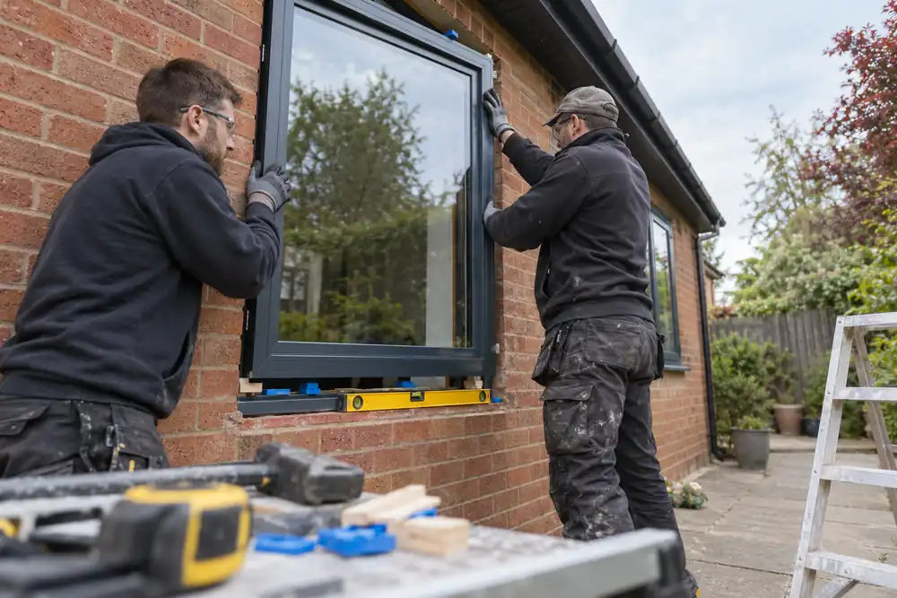 Low angle from garden patio: two fitters positioning an anthracite aluminium casement window in a red-brick house opening, spirit level and frame packers visible.