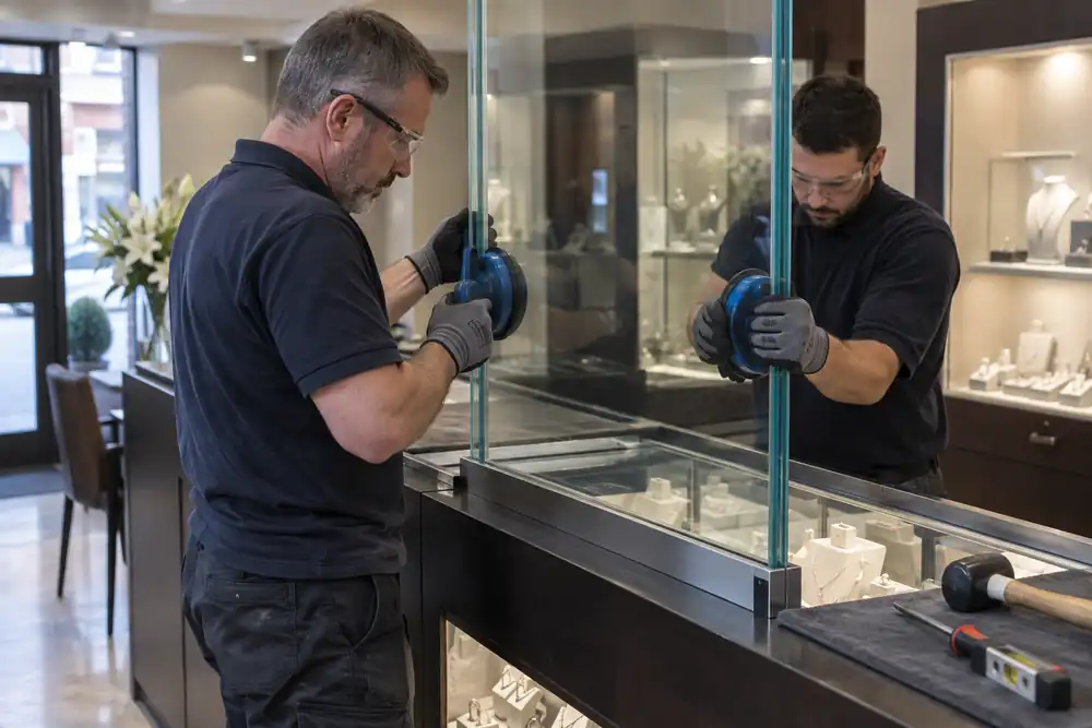 Quiet jewellery shop counter installation: specialists positioning a thick laminated security glass screen in a deep metal channel with suction handles; no crime, weapons or attack demonstration.