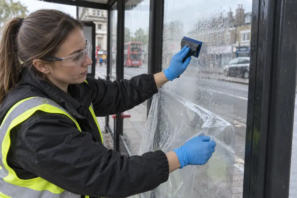 Close oblique view: woman applying clear protective anti-graffiti film to a plain bus shelter glass panel with wet squeegee, protective liner partly peeled, urban pavement backdrop.