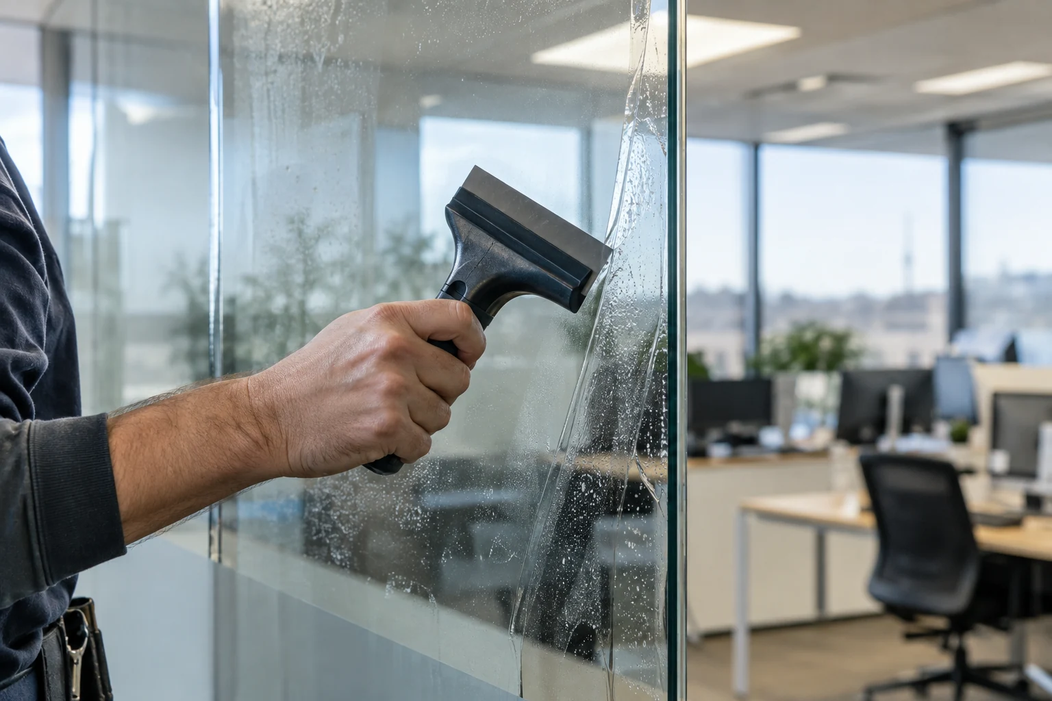 Close-up of clear protective window-film installation