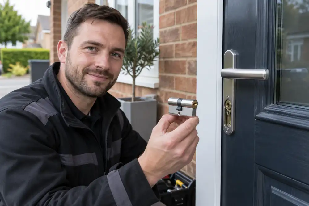 Locksmith presenting an anti snap euro cylinder beside modern front door.