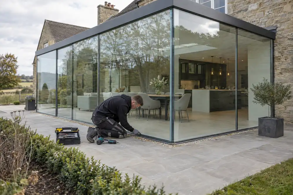 Architectural exterior hero: finished contemporary glass extension on a stone British house, full-height structural glazing with slim supports, a technician checking the junction at ground level, wide three-quarter view.