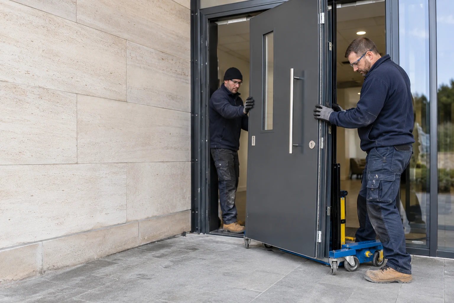 Tradespeople installing a heavy steel security door