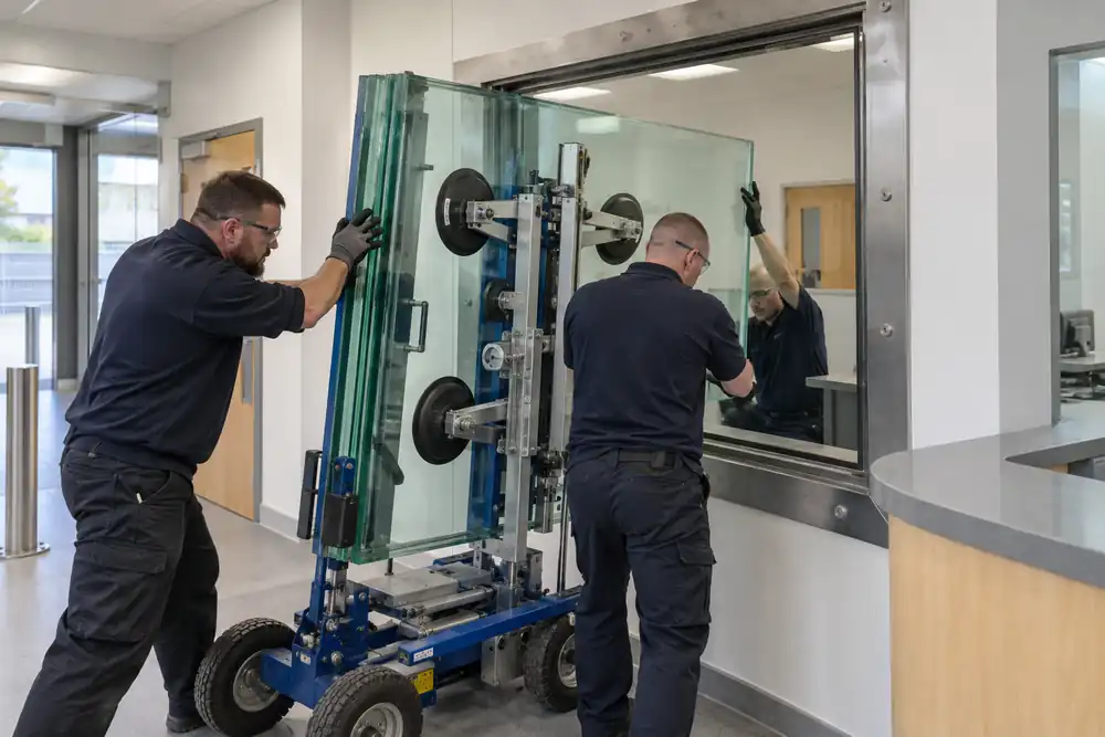 Secure reception refurbishment: three installers guiding a very thick multi-layer laminated glass panel using a lifting trolley into a reinforced steel observation window, bright institutional interior, no weapons or attack testing.