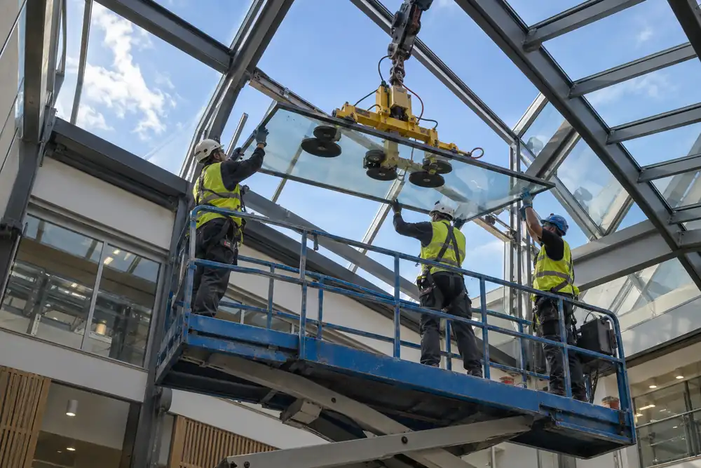 Wide upward view inside a commercial atrium: crew installing a glazed roof panel supported by steel rafters, workers on fully guarded mobile platform and mechanical vacuum lifting rig, blue sky above.
