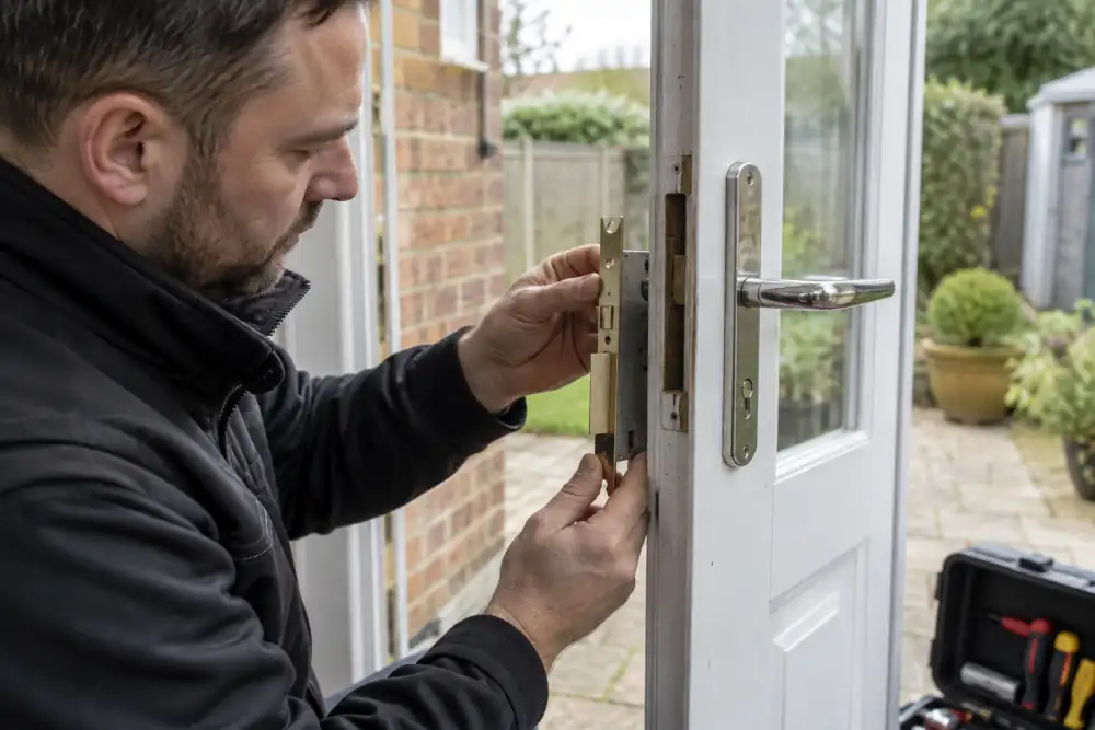 Locksmith at a domestic rear door with replacement mortice lock.