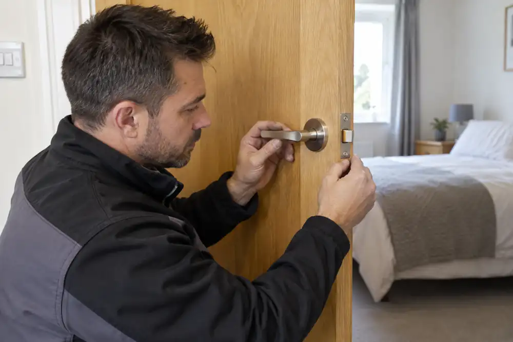 Technician checking a lever and privacy latch on an open bedroom door.