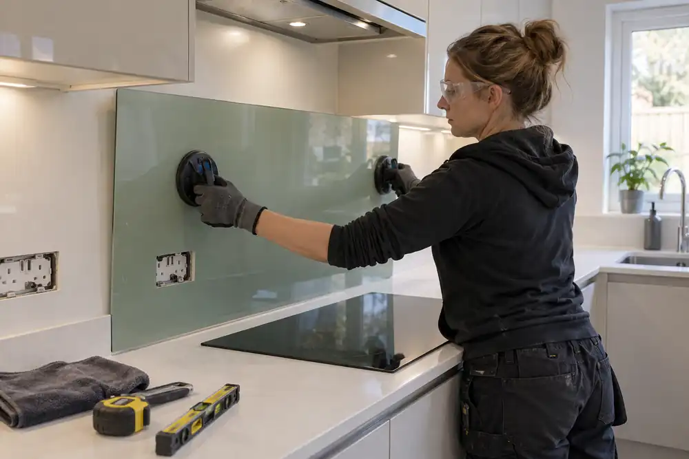 Bright compact kitchen: woman installer positioning a custom sage-green back-painted glass splashback above white worktops, pre-made socket cutouts, suction handle, no on-site glass cutting.