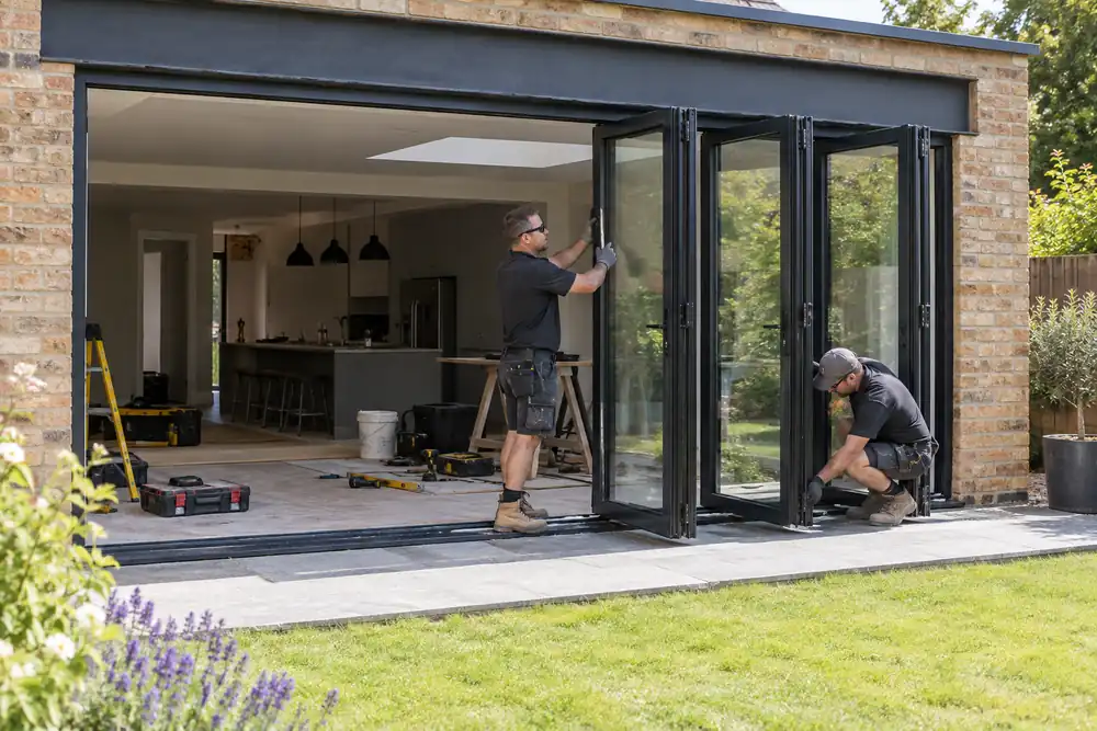 Garden-facing renovation: two installers fitting black aluminium bifold door leaves within a substantial lintel-supported opening, partly folded panels, summer lawn outside.