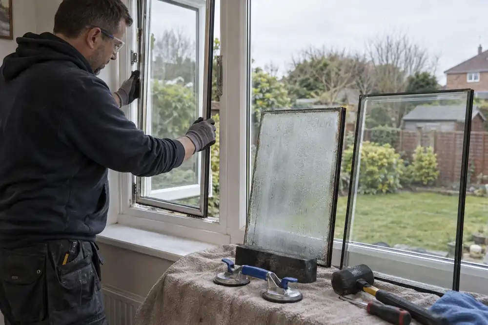 Interior close view: glazier replacing a fogged double-glazed sealed unit in a white casement window, removed misty unit upright on padded stand beside crystal-clear replacement, overcast garden beyond.