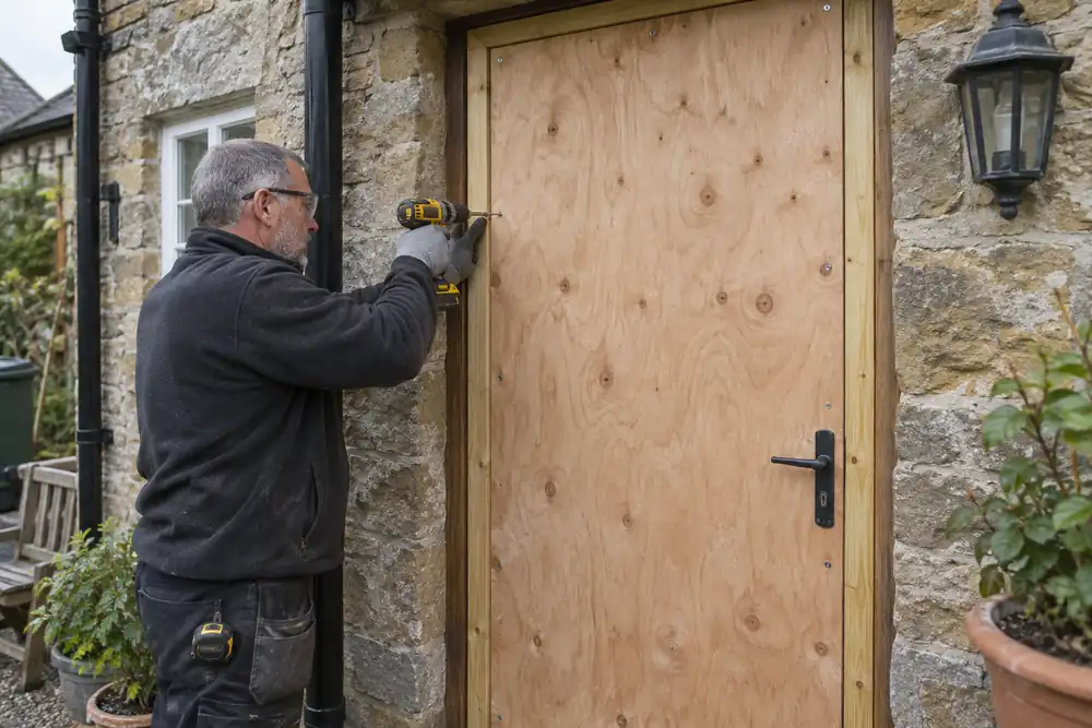 Straight-on close view of a boarded timber back door at a stone cottage: mature tradesman fixing the last screw through a full plywood sheet into perimeter battens, daytime, sturdy doorway.