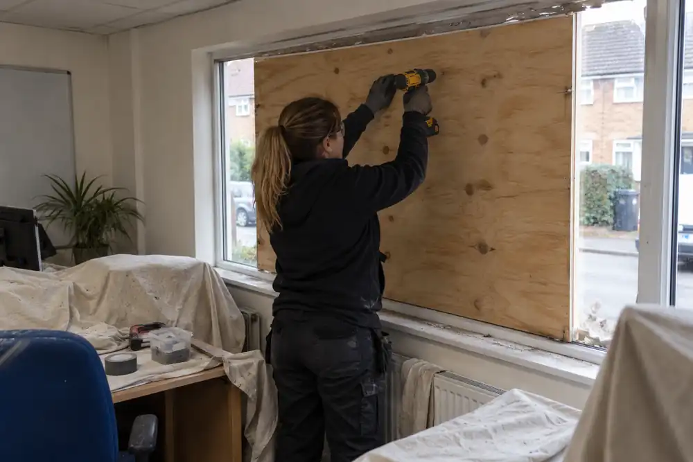 Over-shoulder angle in a small office: woman fitter fastening plywood over a cleared broken window opening, interior desks covered with dust sheets, board spans full aperture.