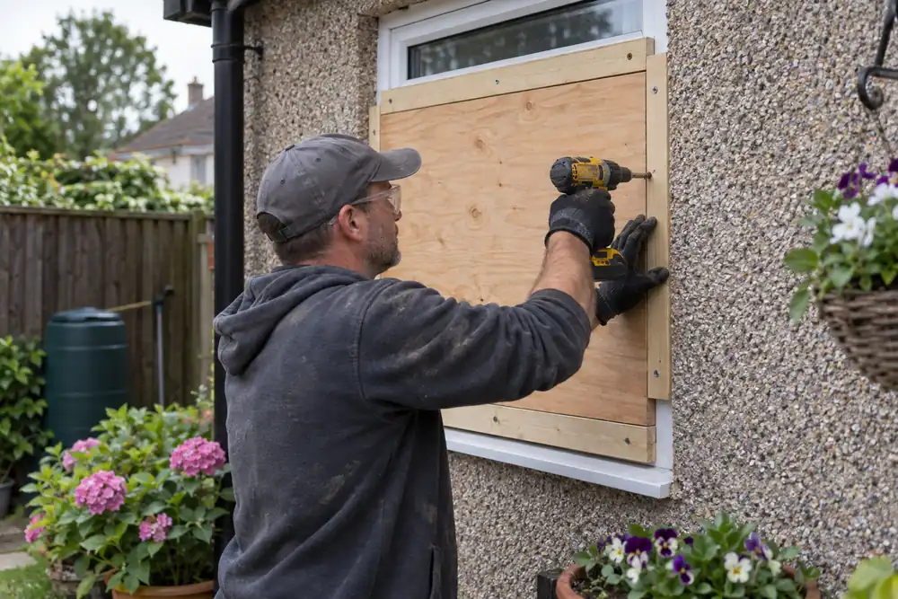 Tight garden-side view: worker fitting a small neat rectangular plywood panel over a kitchen casement window in pebble-dash wall, drill driving screw into timber batten, flowering pots below.