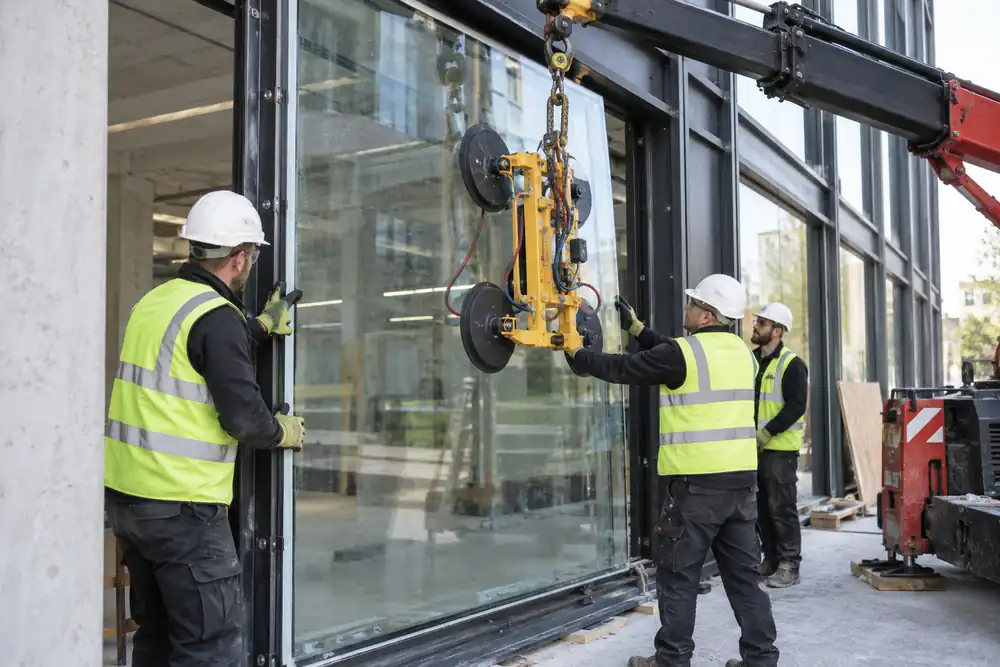 Modern office ground-floor facade installation: crew positions thick laminated blast-resistant glass into heavy anchored steel framing using a mechanical glass lifter; calm construction scene, no blast, weapons or testing.