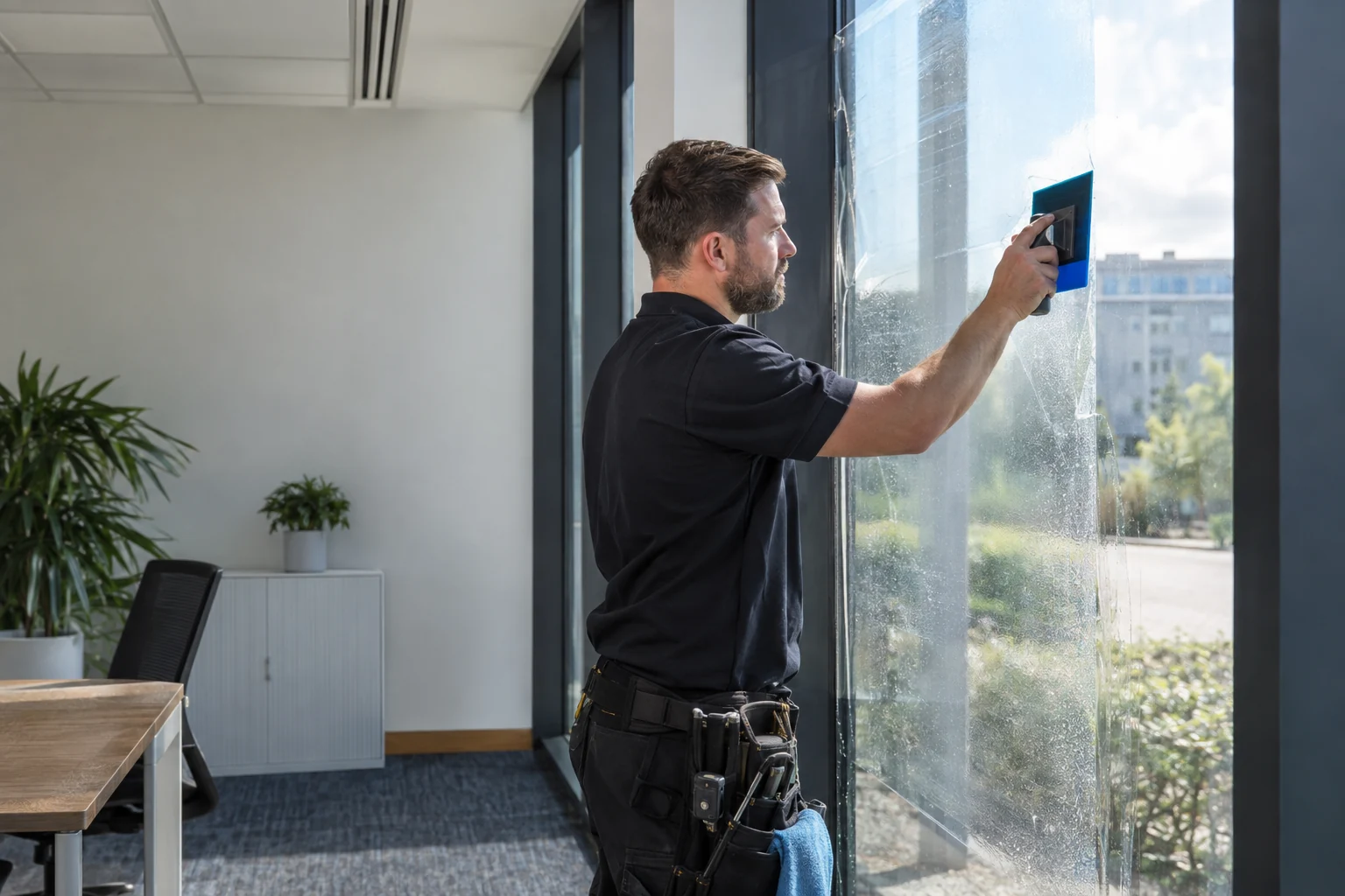 Installer applying clear protective film to an office window