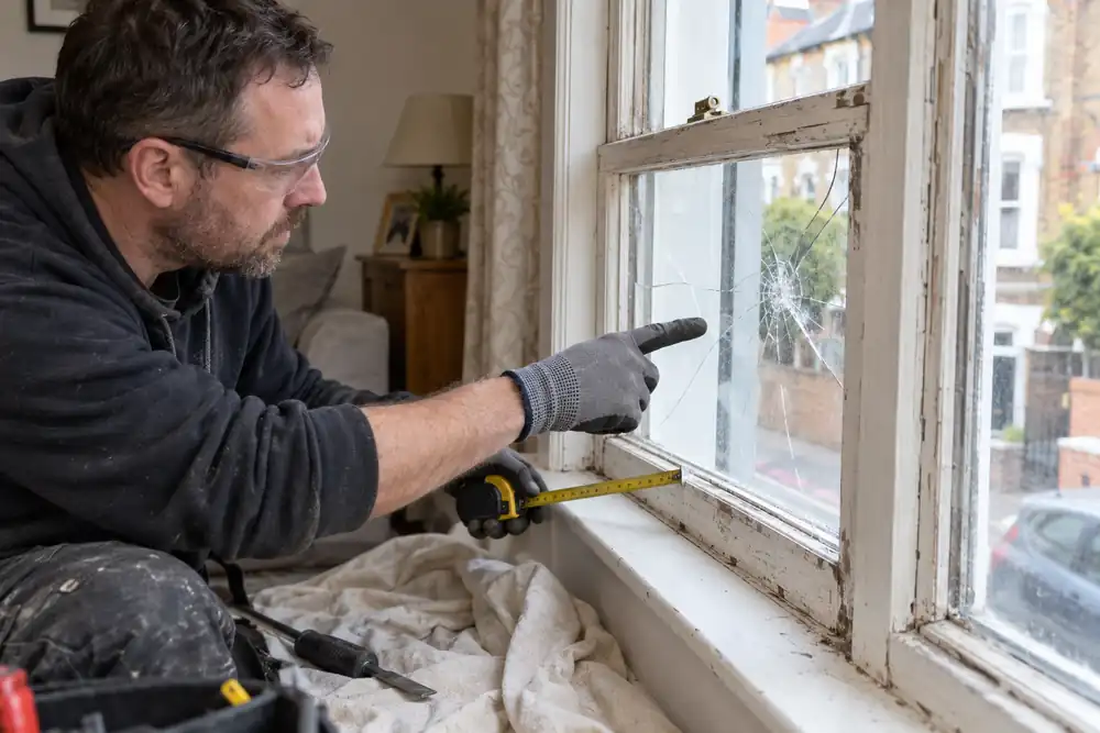 Close interior inspection of a cracked old timber sash window, gloved glazier pointing to the damaged pane while holding measuring tape, drop cloth below, ordinary living room.