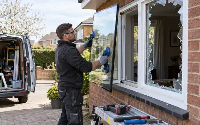 Glazier replacing broken glass in a white window frame