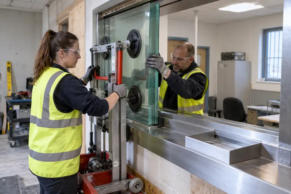 Cash-office service window installation: woman and man guide visibly thick laminated resistant glass on a suction lifting trolley into deep reinforced perimeter channel, no weapons, impacts or testing.