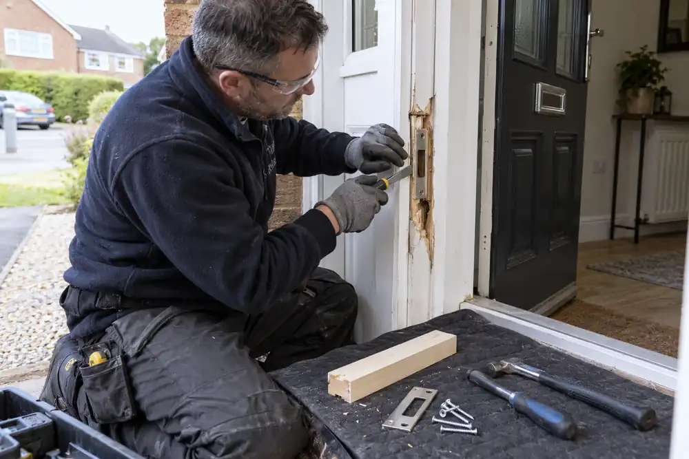 Tradesperson repairing a splintered wooden door jamb and damaged strike plate after forced entry at a suburban home, replacement timber piece and screws on tidy work mat, no intruder or violence.
