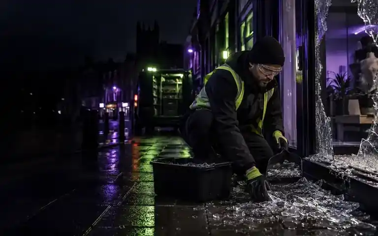 Glazier clearing shattered glass from a damaged window opening
