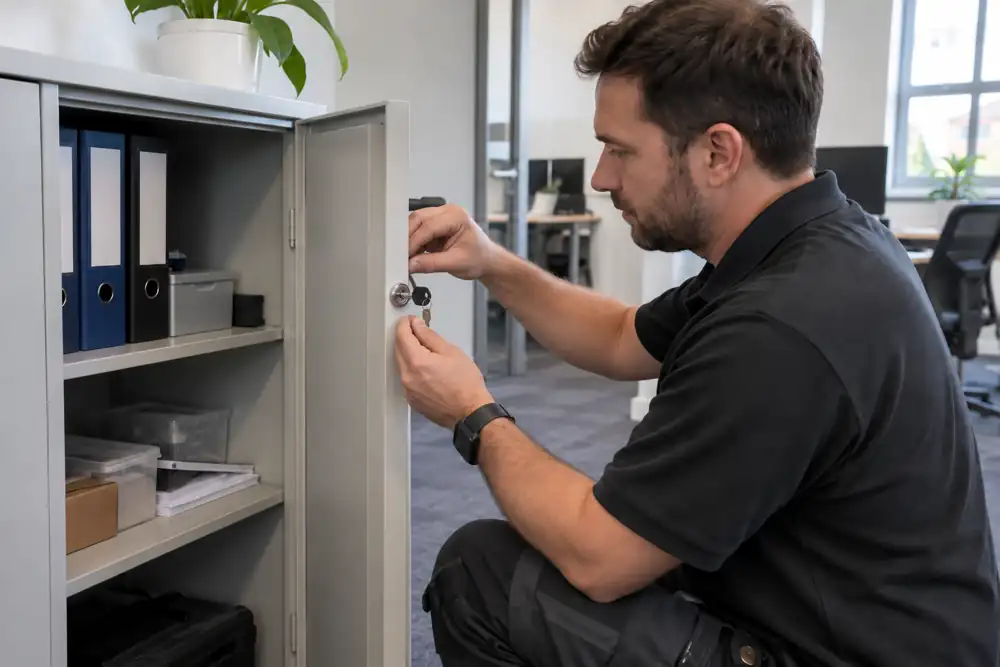 Technician fitting cam lock on open office storage cabinet.