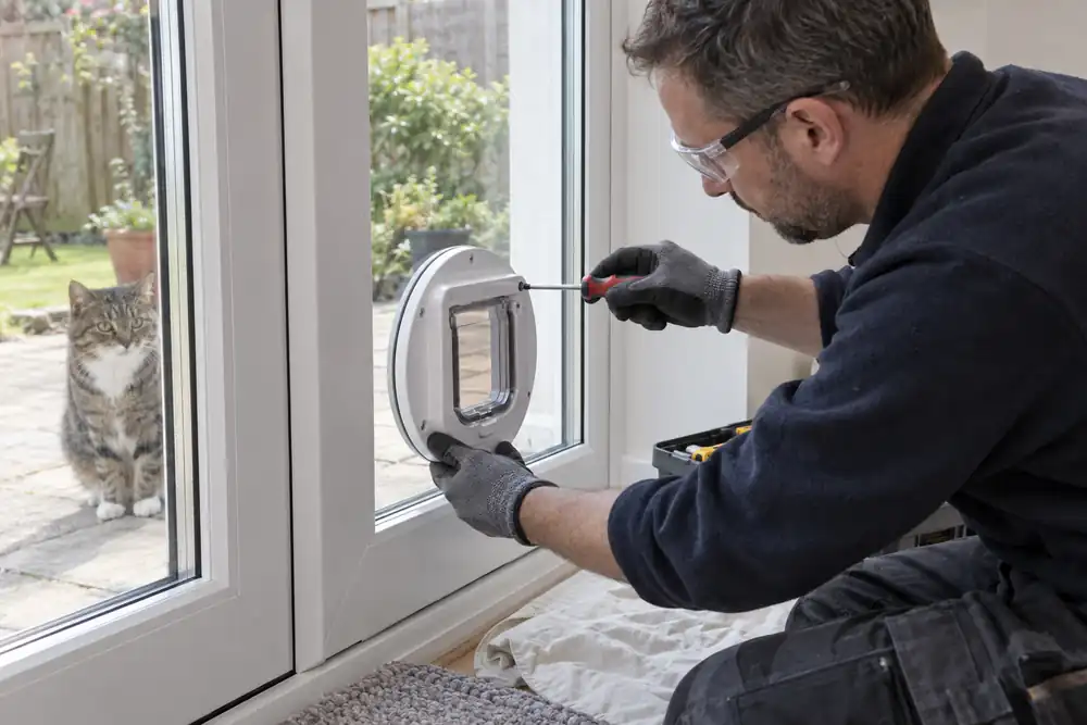 Close interior view of a white double-glazed patio door: glazier tightens a white cat-flap mounting ring in a factory-prepared circular aperture through a replacement sealed unit, no glass drilling or cutting.