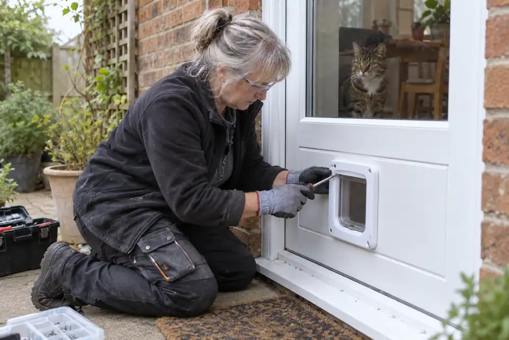 Garden-level doorway portrait: older woman tradesperson kneeling to fit a compact white cat flap into the lower solid uPVC door panel, small screwdriver, curious tabby cat safely in the background.