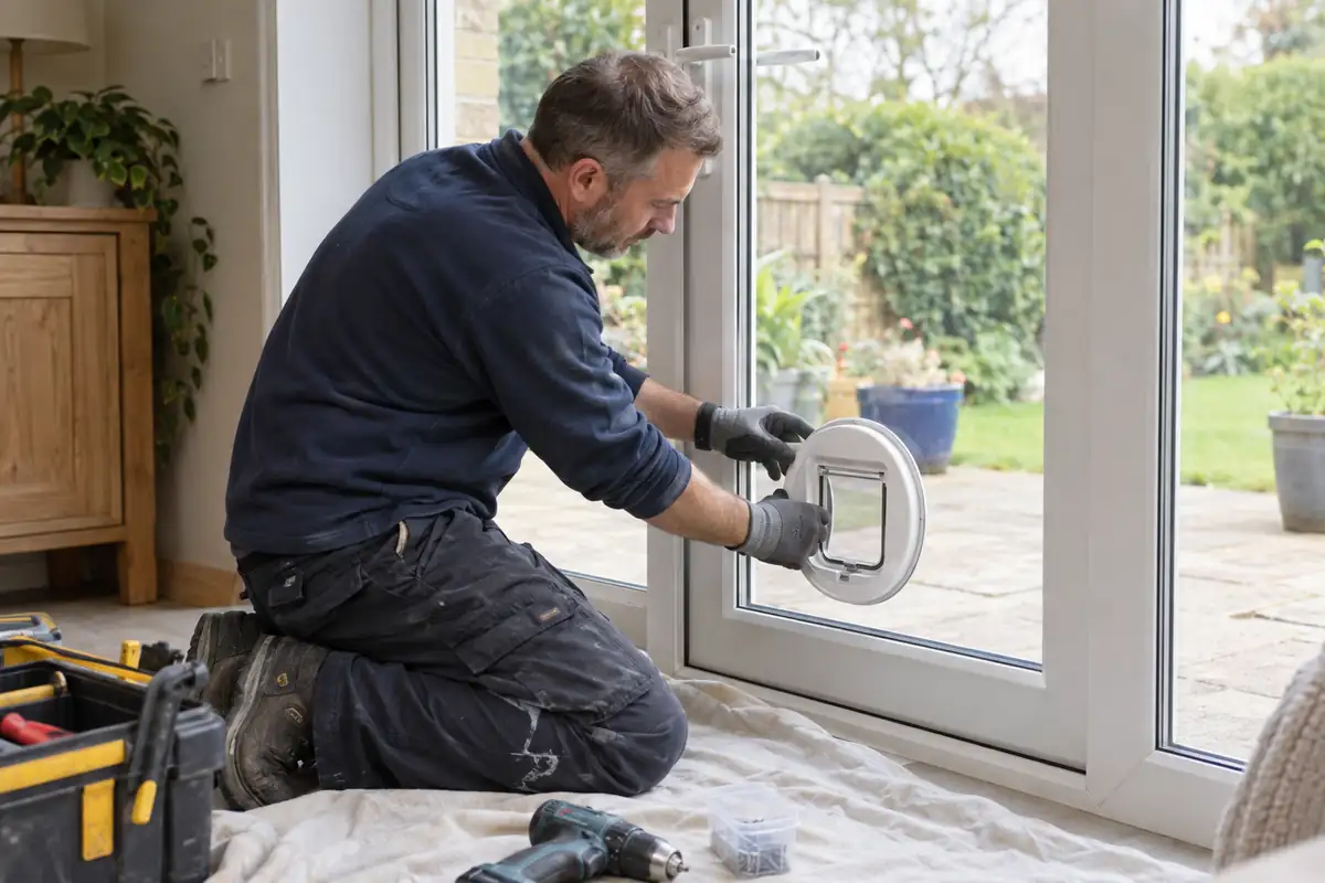 Glazier fitting a cat flap into a prepared opening in a glazed patio door