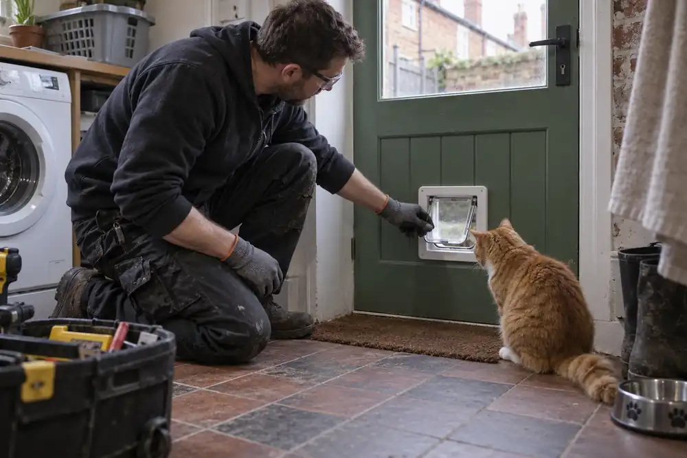 Low three-quarter shot in a terraced-house utility room: fitter checking a newly fitted square cat flap in a green timber back door, ginger cat waiting on tiled floor, hand testing flap movement.