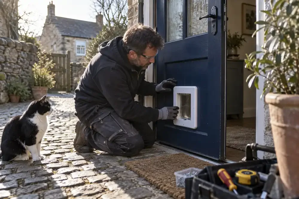 Fitter positioning a cat flap in a dark door panel