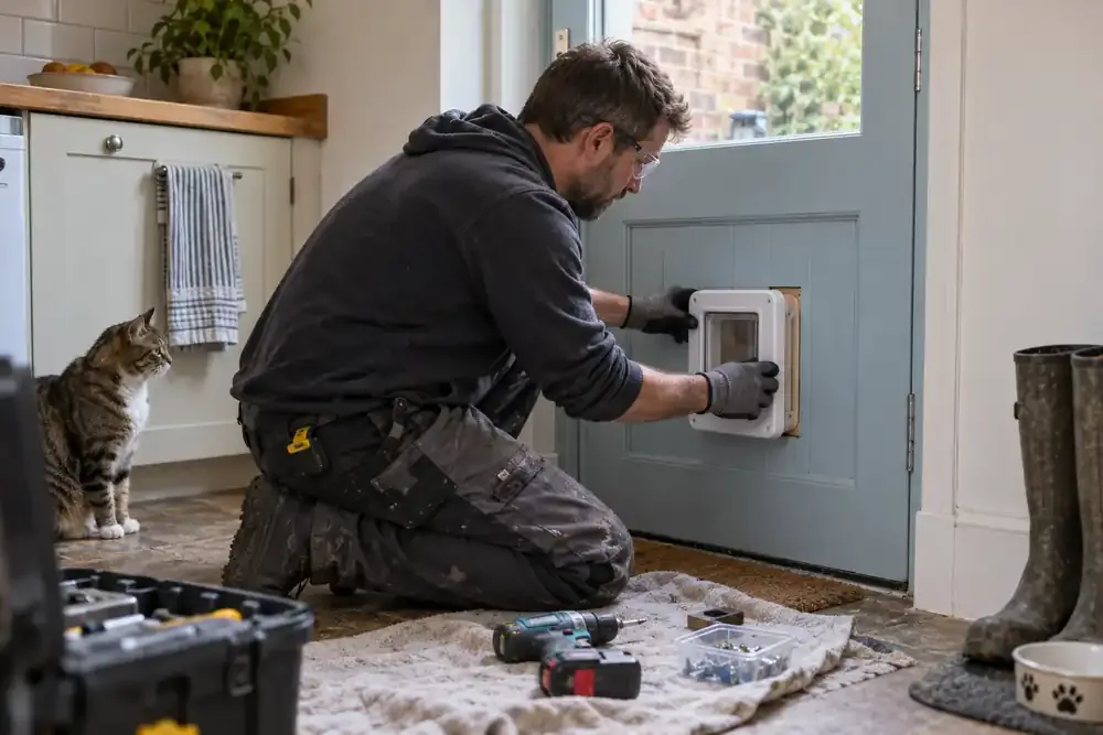 Installer fitting a pet door into a lower door panel
