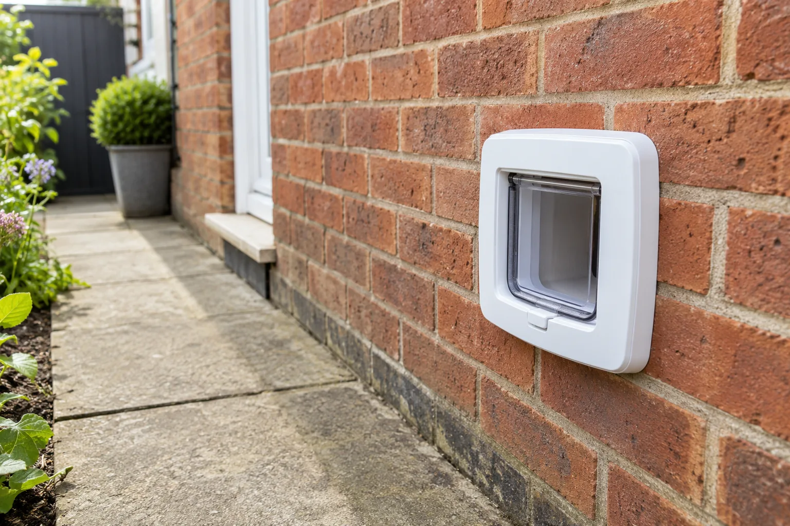 Professionally installed wall cat flap through a British red brick exterior wall, white weatherproof outer frame and visible neat short tunnel through the wall, clean sealed edges, a small garden path and natural daylight.