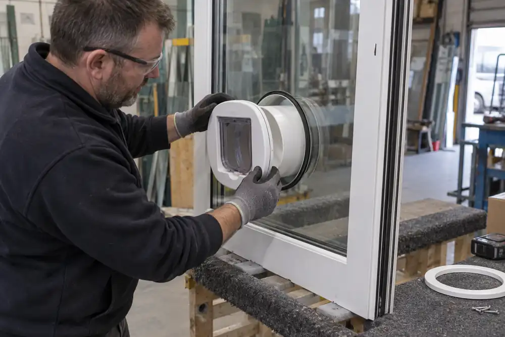 Glass workshop bench: replacement double-glazed door unit held upright on padded support with a factory-made sealed circular aperture; glazier fitting white cat-flap adaptor and tunnel, no glass cutting tools.