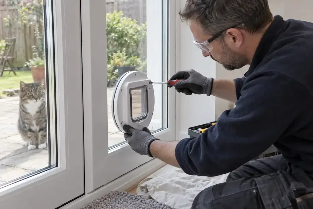 Fitter checking a cat flap mounted within glazing