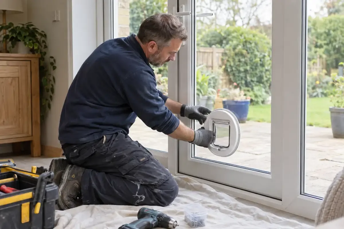 Fitter adjusting a pet door in a glazed panel