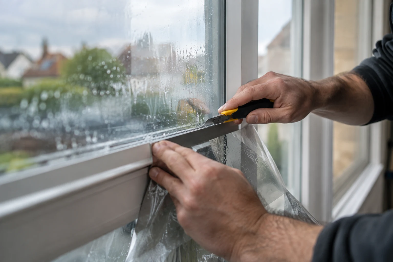 Installer trimming a window-film edge