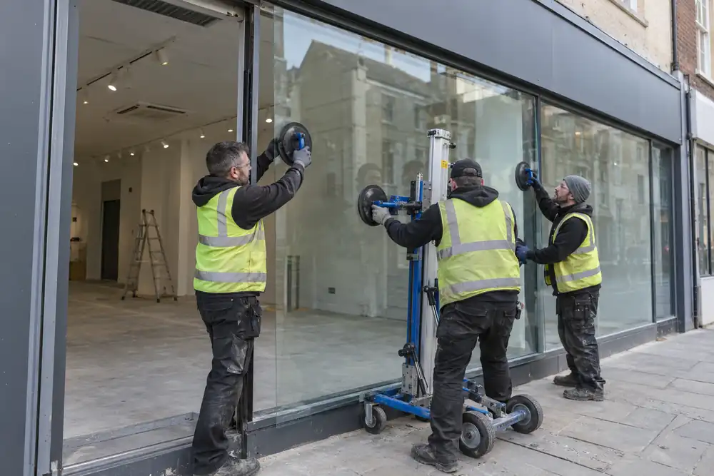 Wide commercial storefront refit: three glaziers align a full-height display pane with suction handles and a wheeled lifter in an aluminium shopfront frame, empty boutique, blank fascia, daytime.