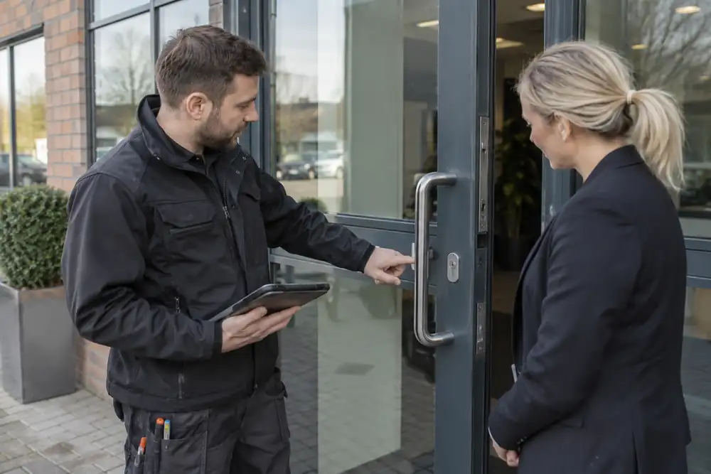 Locksmith discussing access requirements with manager at a commercial entrance.