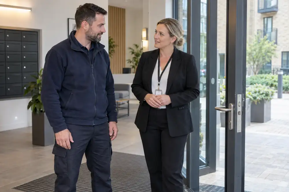 Locksmith and building representative discussing a communal entrance lock.
