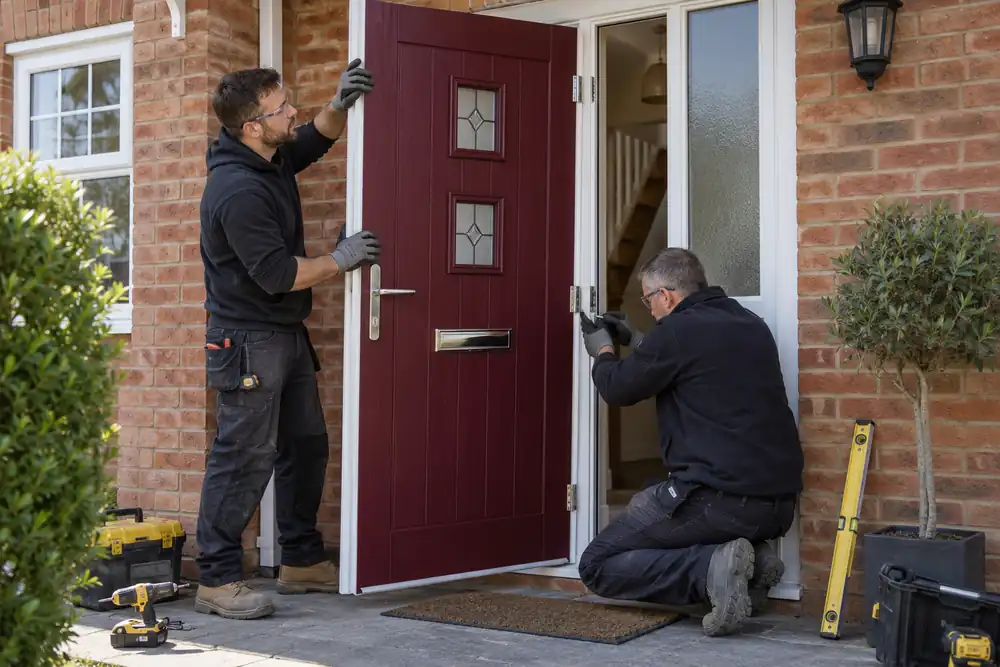 Brick townhouse entrance: two fitters hanging a burgundy composite front door with small frosted glazed lights in a white frame, one checking hinge pins, daylight and neat tools.